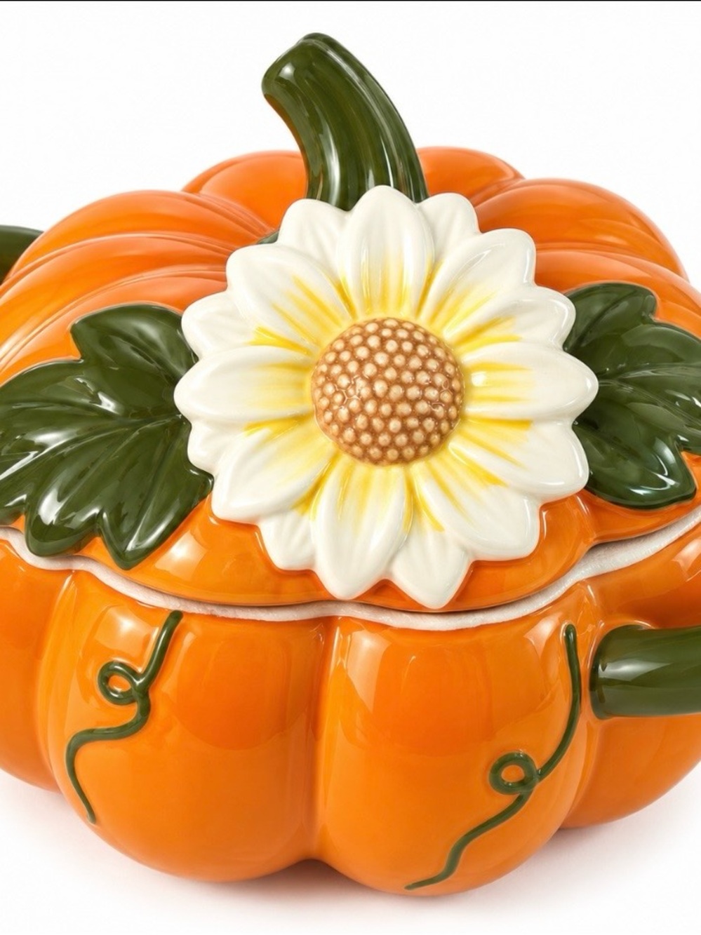 Ceramic Pumpkin Dish with Daisy Lid - Orange & Green